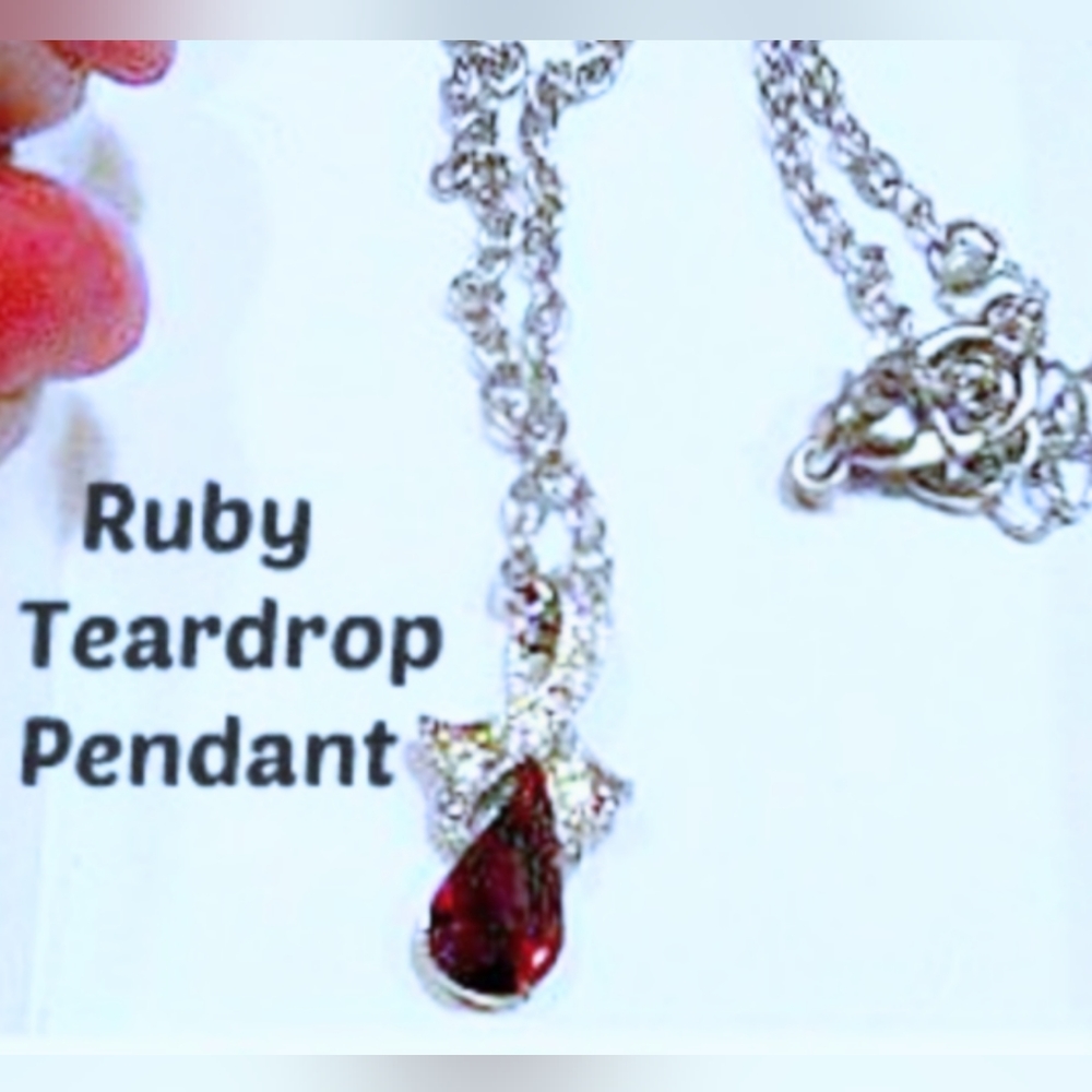 Vintage Ruby & White Crystal Gemstone Teardrop Shaped Pendant - Picture 4 of 5